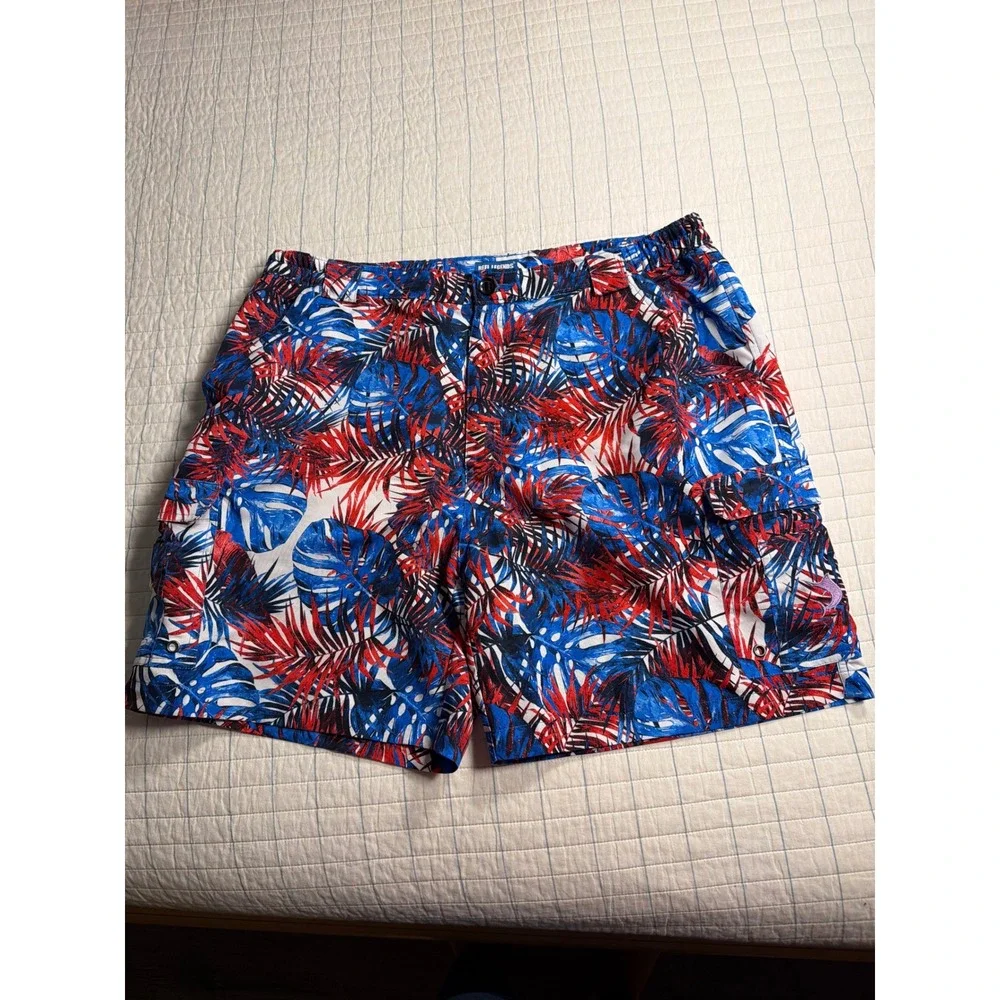 Reel Legends Mens Tropical Palm Cargo Board Shorts Blue Red White XL‎ Fishing